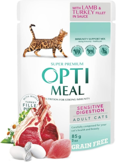 Picture of Optimeal GF Sensitive Digestion Lamb and Turkey Fillet in Sauce 85g (3+1 Free/ pack)