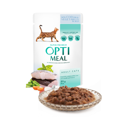 Picture of Optimeal Adult Cat Wet Food – Cod Fish & Vegetables in Jelly  85g (4 pack)