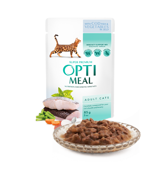 Picture of Optimeal Adult Cat Wet Food – Cod Fish & Vegetables in Jelly  85g (4 pack)