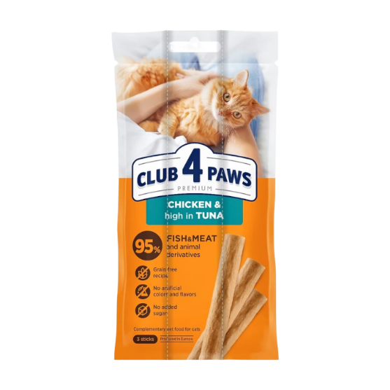 Picture of Club4Paws Meaty Sticks for Adult Cats, Chicken & High in Tuna Flavor (15g)