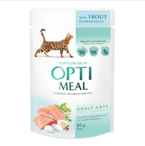 Picture of OptiMeal Adult Cat Wet Food – Trout in Cream Sauce 85g  (12 Pack)