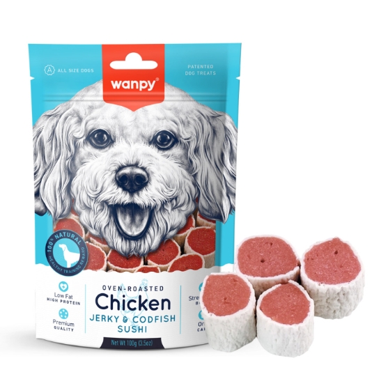 Picture of Wanpy Dog Oven-Roasted Chicken Jerky & Codfish Sushi Treats (100g)