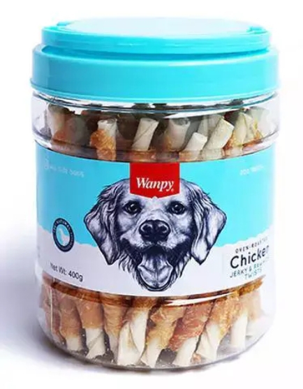 Picture of Wanpy Oven-Roasted Chicken Jerky & Rawhide Twists Dog Treats (400g Jar)