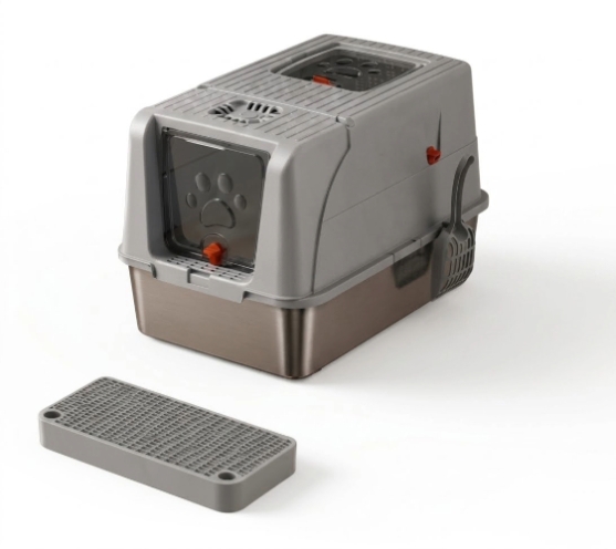 Picture of Stainless Steel Cat Litter Box with Odor Control Filter & Paw Cleaning Mat (61cm - Space Grey)