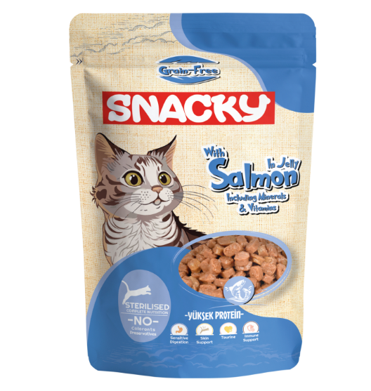 Picture of SNACKY Grain-Free Sterilised Adult Cat Wet Food – Salmon in Jelly  100g (12-pack)