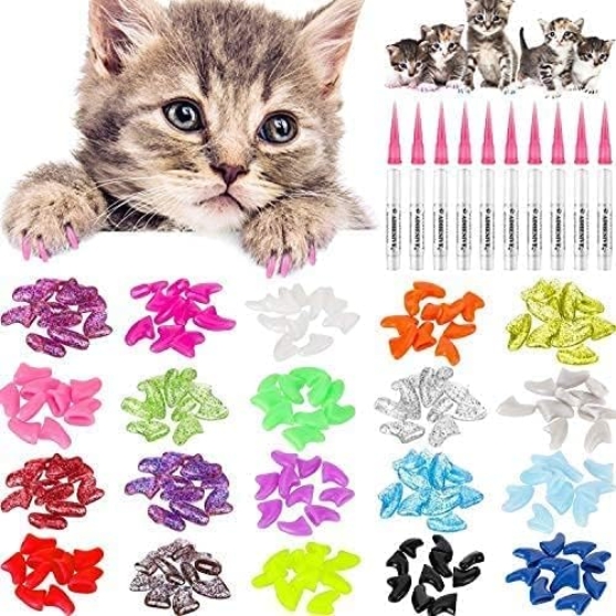 Picture of WILLBOND 200-Piece Cat Nail Caps Kit (20 Colors) with Adhesive Glue & Applicators